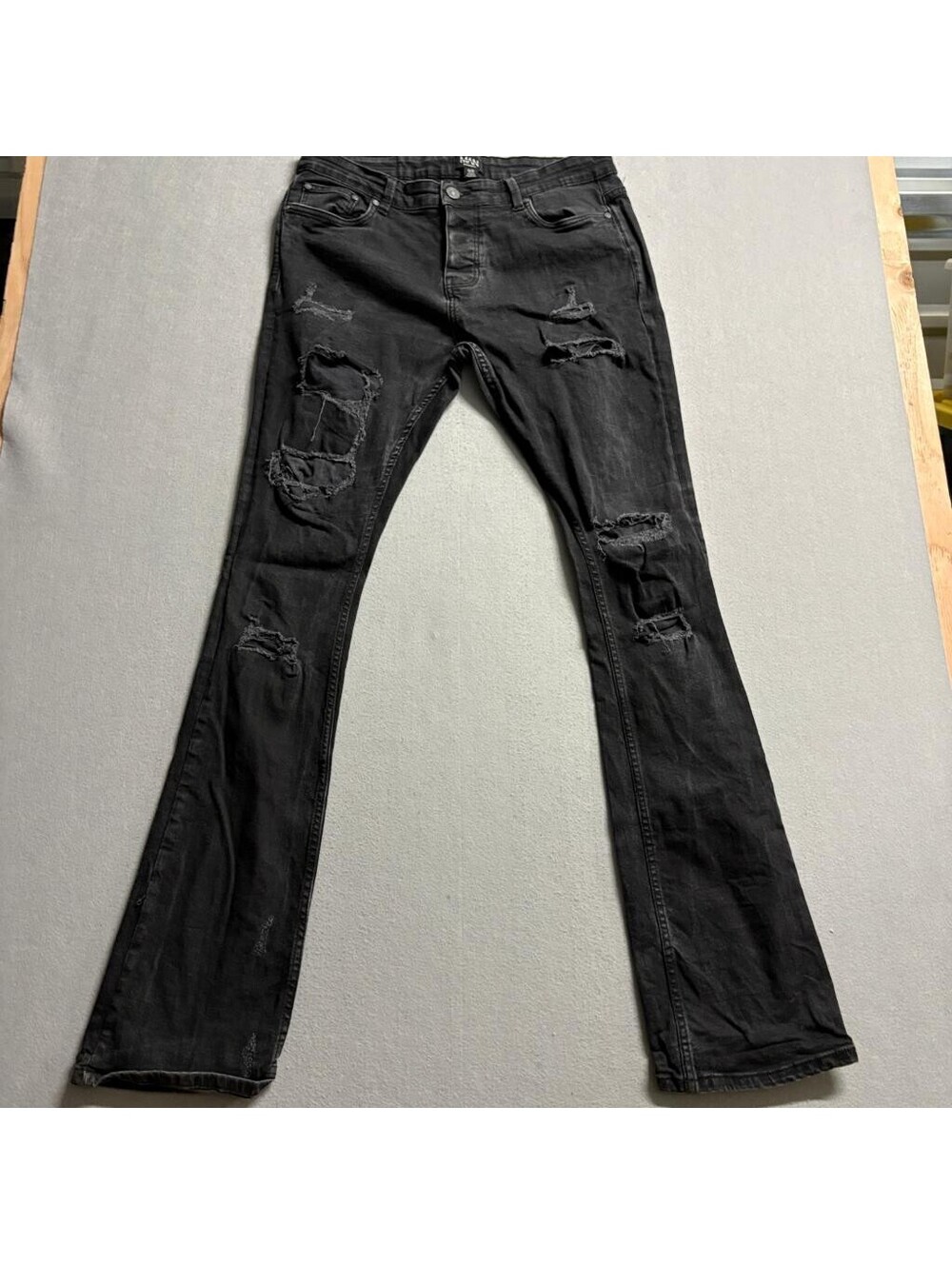 boohooMAN Mens Distressed Flare Jeans 36x34 Black Ripped Denim Pants